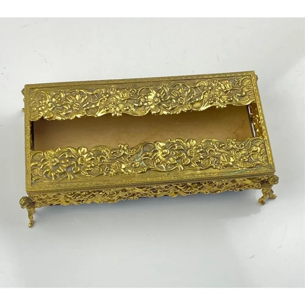 Vtg Cherub Angel Footed Tissue Box Vanity Patina Ormolu Flowers Baroque Rococo E